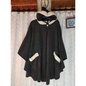 Le Moda Charcoal Gray Faux Fur Trim Hooded Poncho Cape One Size